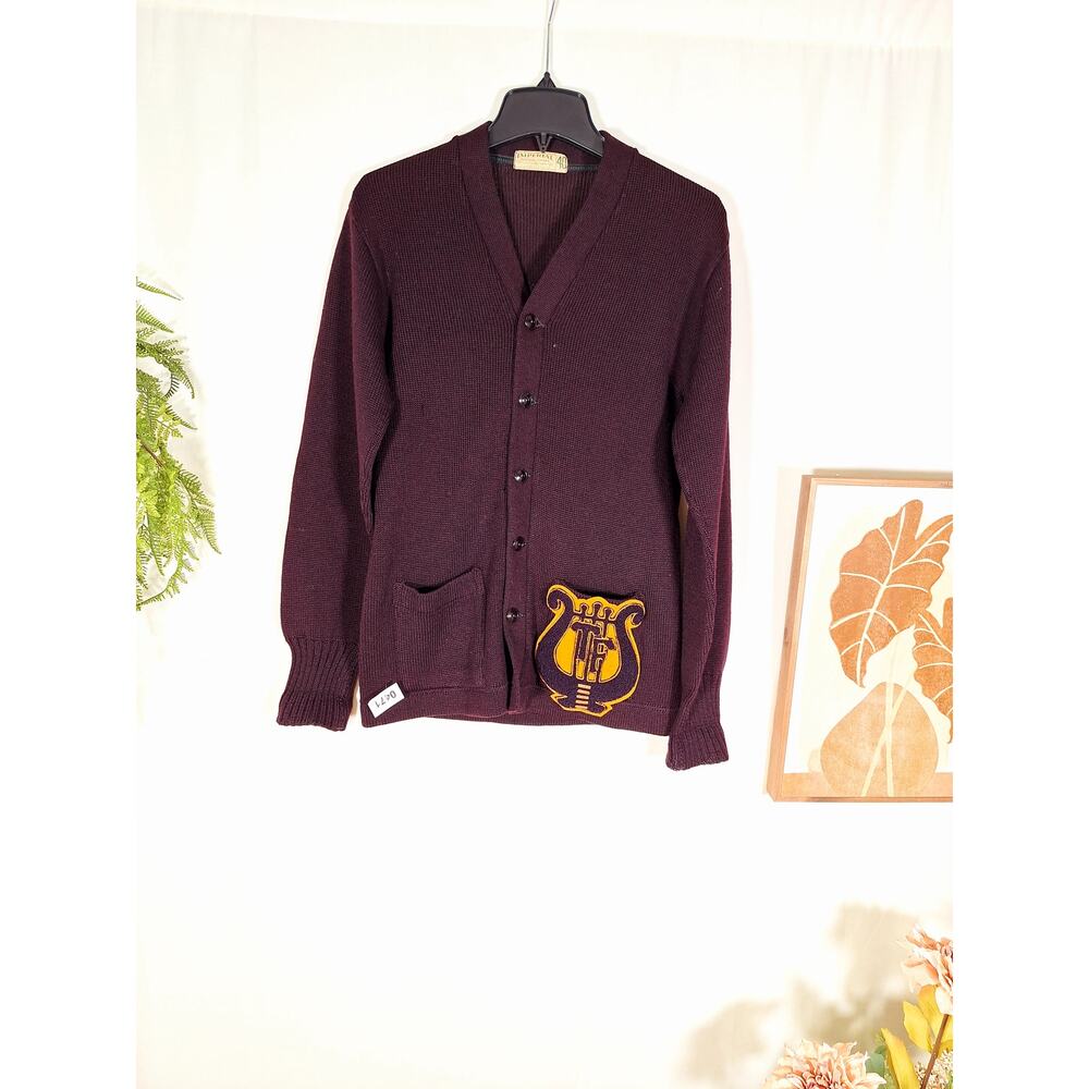 Vintage Imperial Men's Varsity Letterman Cardigan Sweater Maroon